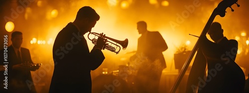 A jazz band performing in a smoky jazz club, captured in a medium shot.