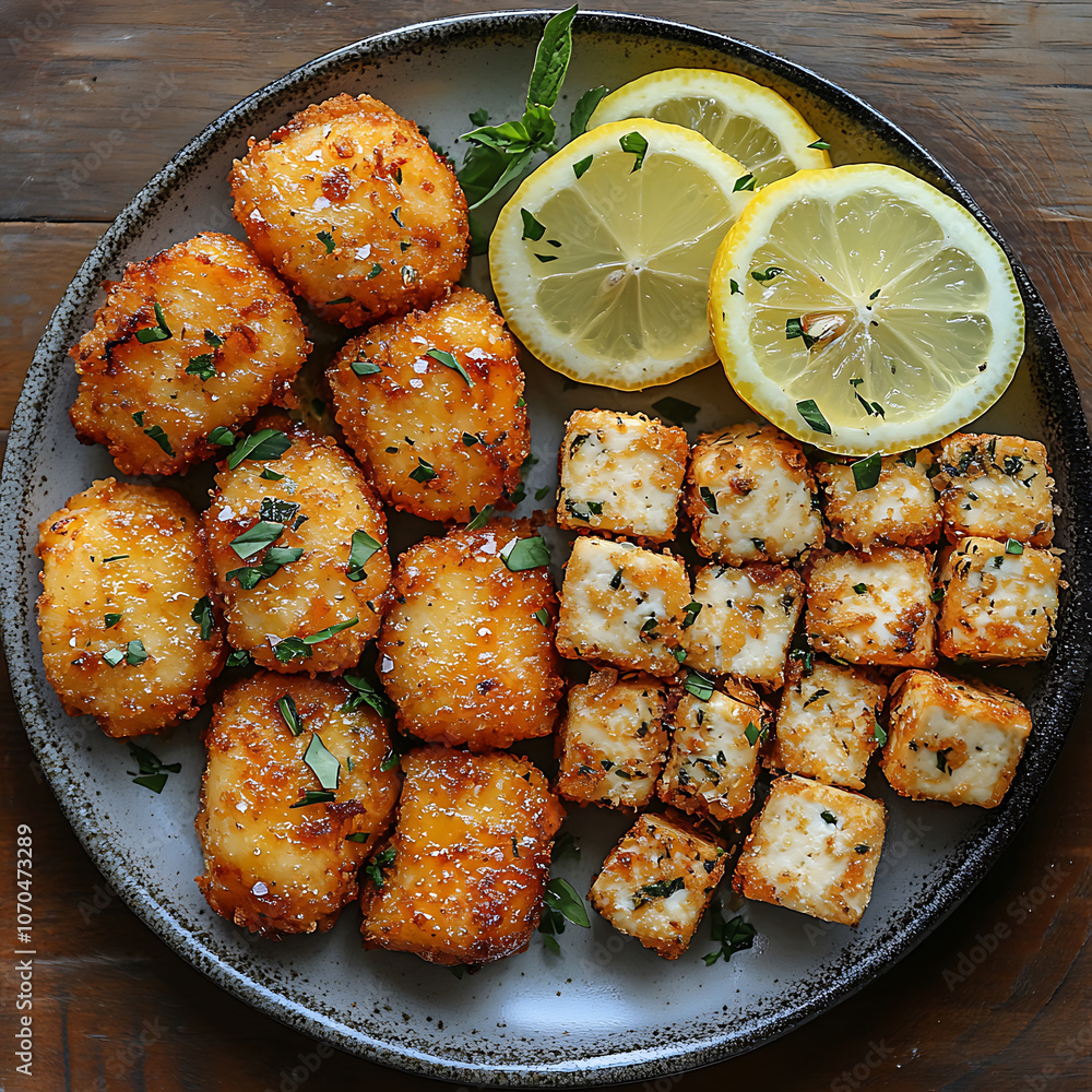 Crispy fried snacks served on plate, featuring golden brown fritters and seasoned tofu cubes, garnished with fresh herbs and lemon slices for vibrant presentation Crispy fried snacks served on plate, featuring golden brown fritters and seasoned tofu cubes, garnished with fresh herbs and lemon slices for vibrant presentation