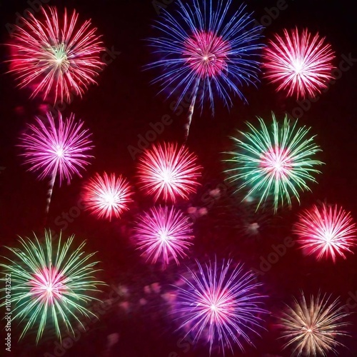 Flatlay view of a vibrant fireworks display set against a bright red background, with a wide shot showing multiple fireworks in varying stages of explosion, using a focus pull to shift