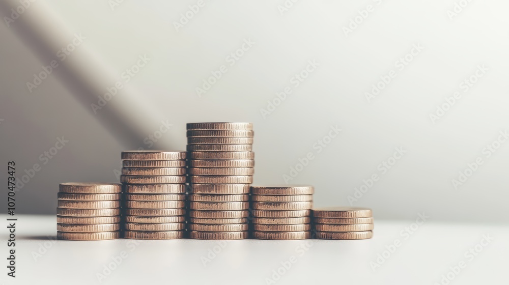 A row of coins stacked in increasing height on a white surface. A row of coins stacked in increasing height on a white surface.