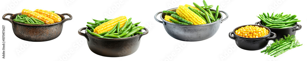 Fresh green beans and corn in various pots, showcasing vibrant vegetables Fresh green beans and corn in various pots, showcasing vibrant vegetables