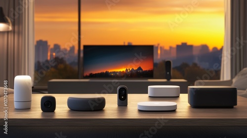 A row of smart home devices on a wooden table in front of a TV with a city skyline and sunset in the background.