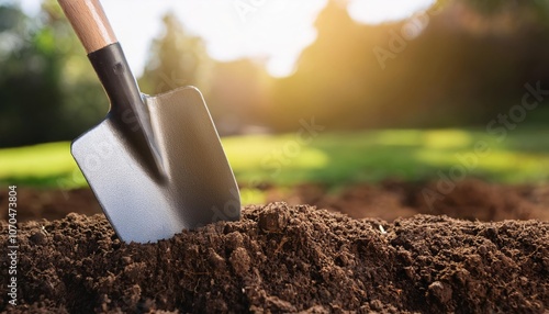  A shovel digging into fresh soil, symbolizing new projects, beginnings, or groundbreaking work