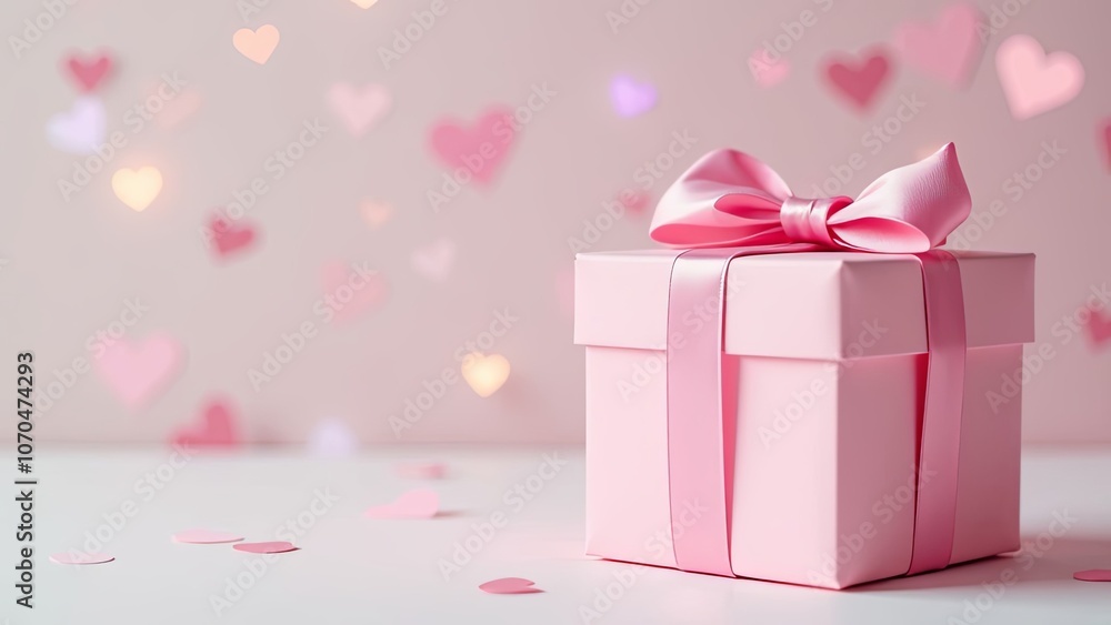 Pink gift box with pink bow on a light background with bokeh in shape of hearts. Valentines day background, valentine's greeting card Pink gift box with pink bow on a light background with bokeh in shape of hearts. Valentines day background, valentine's greeting card