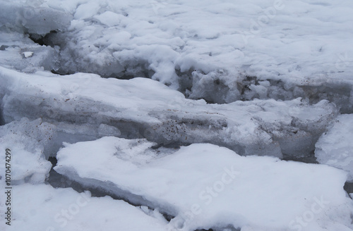 Ice covered with snow. Winter. View of frozen river. Nature.