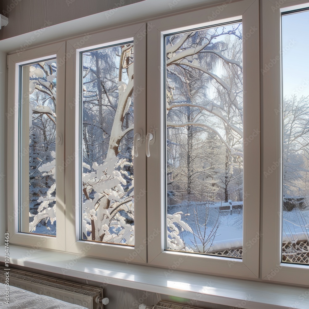 Obraz premium Winter View Through Insulated Windows for Energy Efficiency and Comfort