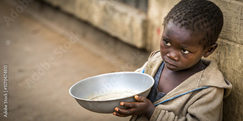 A hungry child holding an empty bowl, highlighting the issue of food insecurity and the need for support and assistance. photo