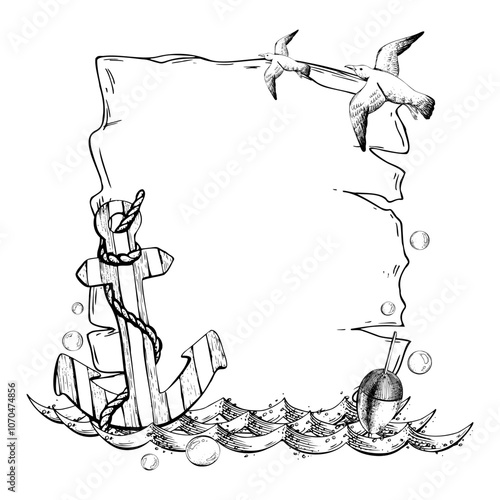 Wooden striped anchor with rope on sea waves with fishing float, bubbles and flying seagulls. Graphic linear drawing, hand drawn in black and white monochrome. nautical. Template frame