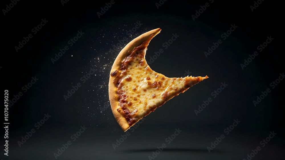 Fototapeta premium A slice of pizza shaped like a crescent moon, floating in an empty space.