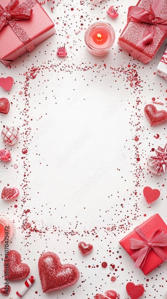 Festive Valentine's Day flat lay with pink gifts, glittery hearts, and a lit candle forming a romantic frame on white background with copy space. Festive Valentine's Day flat lay with pink gifts, glittery hearts, and a lit candle forming a romantic frame on white background with copy space.