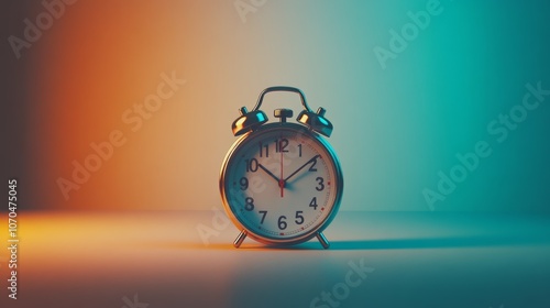 A silver alarm clock with a white face and black hands sits on a table against a colored background.