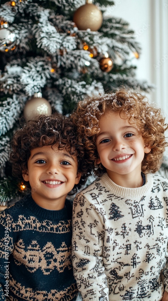 Joyful holiday spirit radiates from two curly-haired children wearing festive sweaters, their bright smiles illuminating the scene against a decorated Christmas tree backdrop. Joyful holiday spirit radiates from two curly-haired children wearing festive sweaters, their bright smiles illuminating the scene against a decorated Christmas tree backdrop.