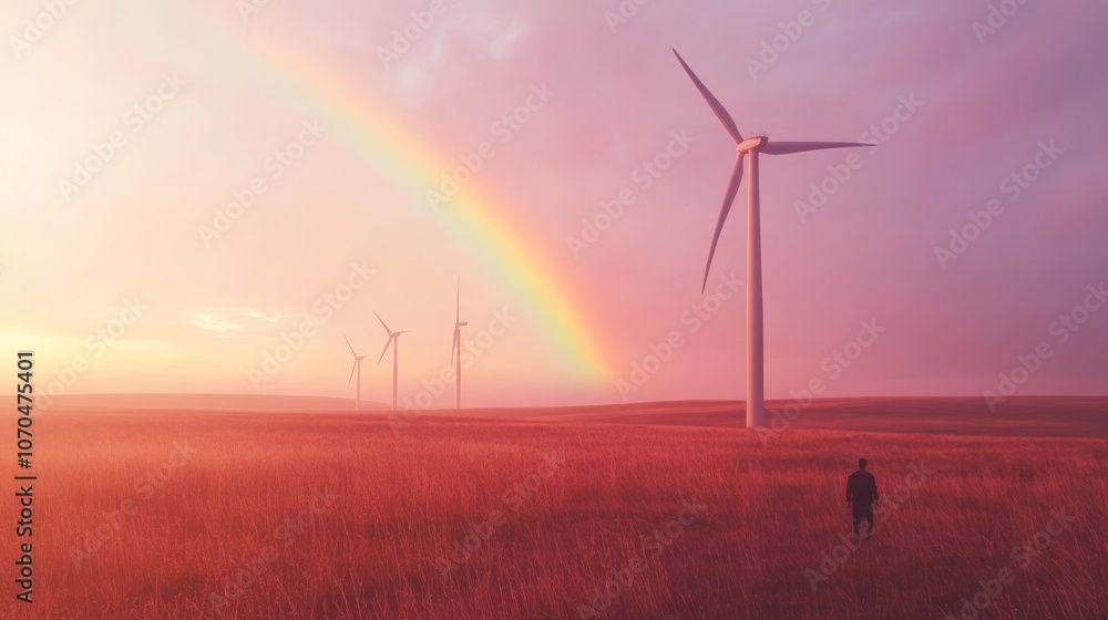 Naklejka premium A single man stands in a field of tall grass, silhouetted against a vivid sunset and a rainbow. Behind him, three wind turbines tower against the sky, representing a commitment to clean energy