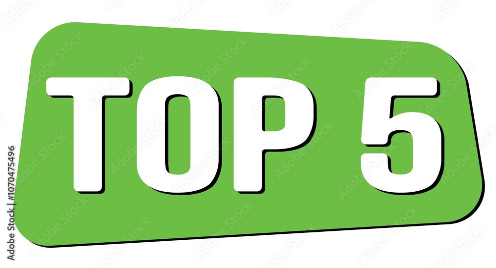 TOP 5 text on green trapeze stamp sign. TOP 5 text on green trapeze stamp sign.