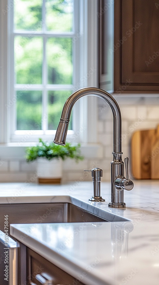 Modern stainless steel kitchen faucet with pull-down sprayer, showcasing sleek design against white countertop and bright window view, epitomizing contemporary home style. Modern stainless steel kitchen faucet with pull-down sprayer, showcasing sleek design against white countertop and bright window view, epitomizing contemporary home style.