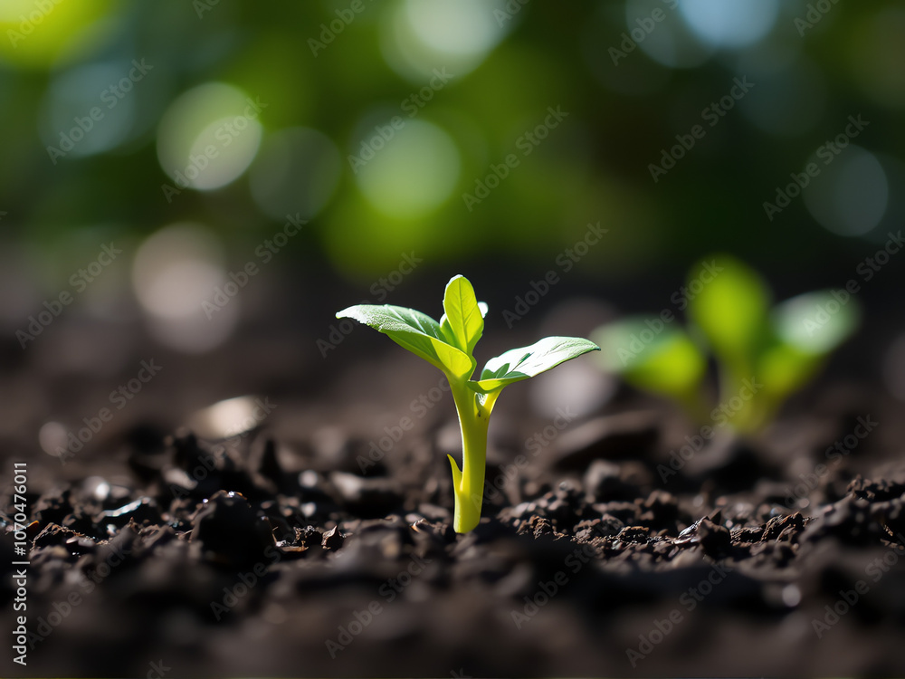 Fototapeta premium Green sprouts emerging from rich, dark soil, symbolizing growth and renewal in nature.