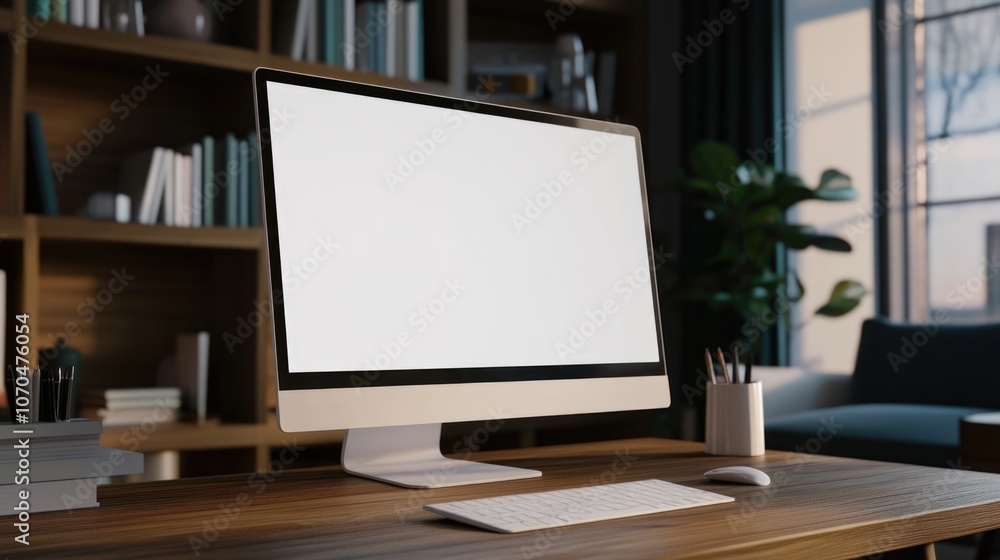 A lank white computer screen on a wooden desk in a modern home office interior. A lank white computer screen on a wooden desk in a modern home office interior.