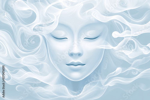 Dreamlike face surrounded by soft swirling white clouds in a serene and ethereal artistic style 