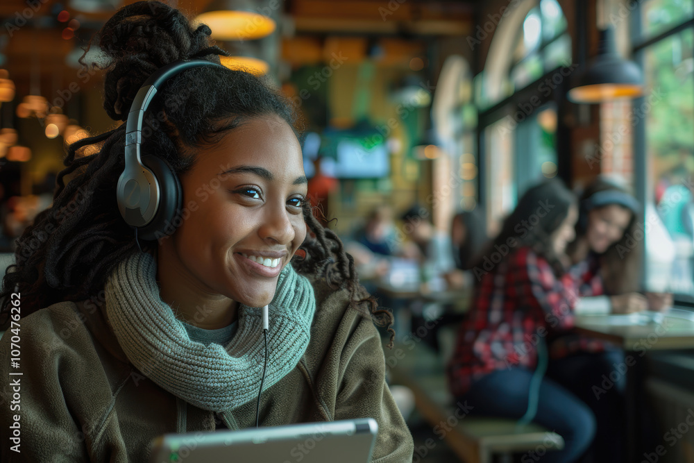 College Student Enjoying Video in Vibrant Campus Cafe with Headphones College Student Enjoying Video in Vibrant Campus Cafe with Headphones