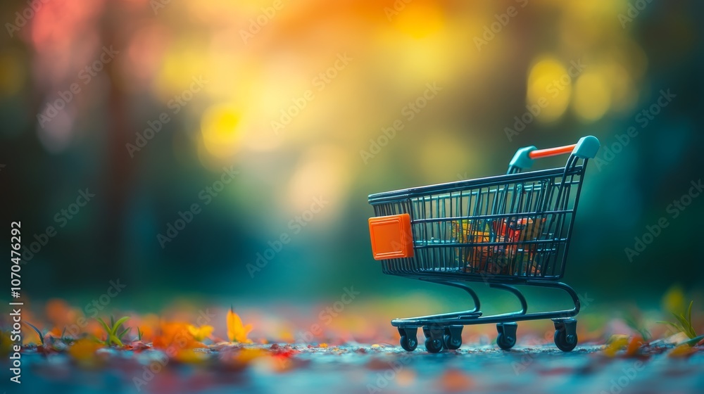A small shopping cart sits on a path surrounded by fall leaves with a soft focus background of a forest and sun. A small shopping cart sits on a path surrounded by fall leaves with a soft focus background of a forest and sun.
