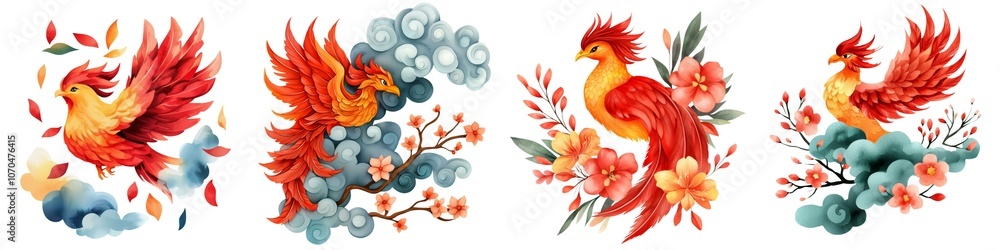 Obraz premium A vibrant collection of fiery phoenix illustrations amidst flowers and clouds, showcasing rich colors and artistic flair.