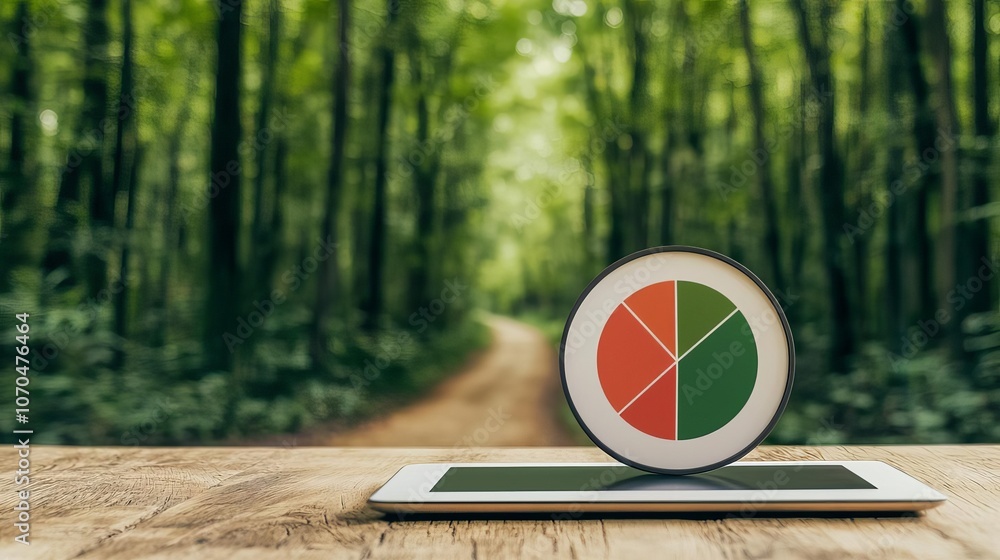 A modern tablet on a wooden table displaying a pie chart, set against a ...