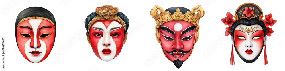 Fototapeta premium Colorful traditional masks depicting traditional characters from Chinese opera, featuring intricate designs and vibrant colors.