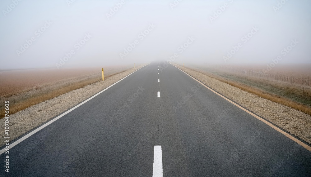 Fototapeta premium A long, empty road stretching into a foggy distance, symbolizing uncertainty, indecision, or a lack of direction