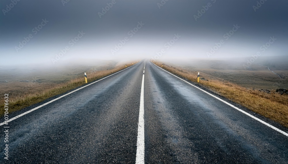 Naklejka premium A long, empty road stretching into a foggy distance, symbolizing uncertainty, indecision, or a lack of direction