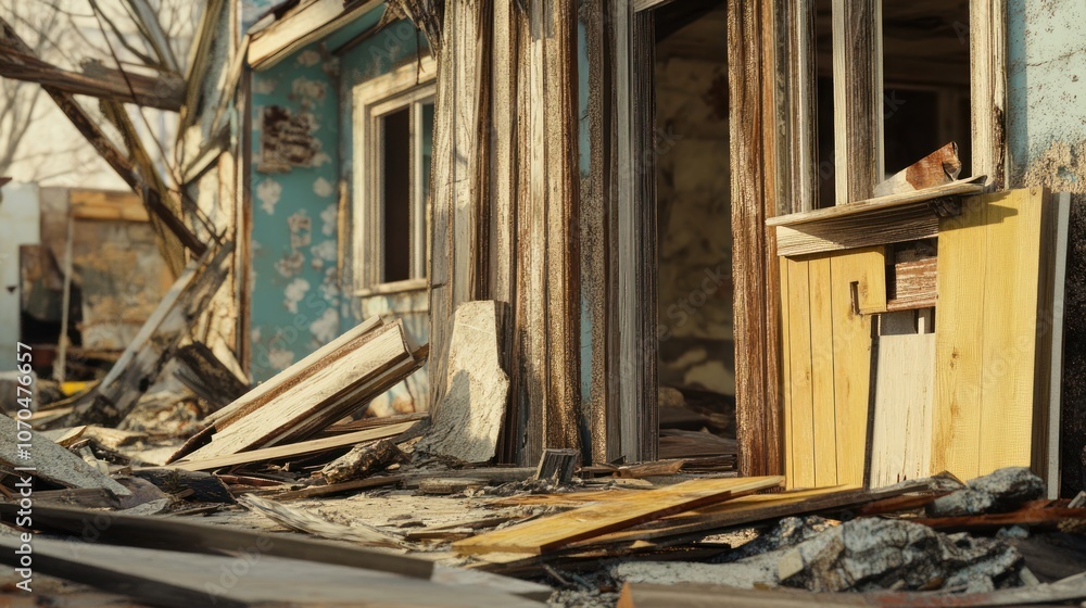 A dilapidated house surrounded by debris, showcasing the impact of decay and neglect. A dilapidated house surrounded by debris, showcasing the impact of decay and neglect.