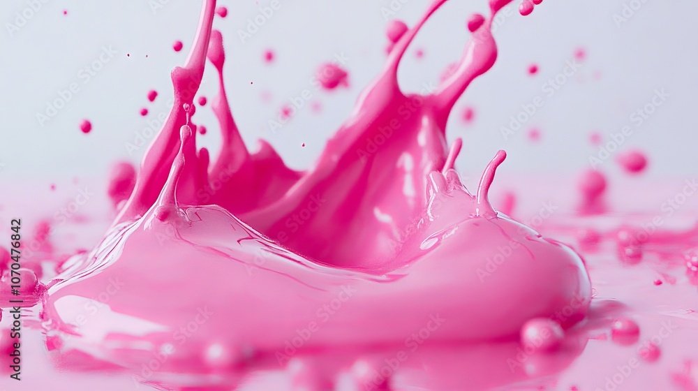 A pink liquid splashing out of a pink liquid on a white surface A pink liquid splashing out of a pink liquid on a white surface