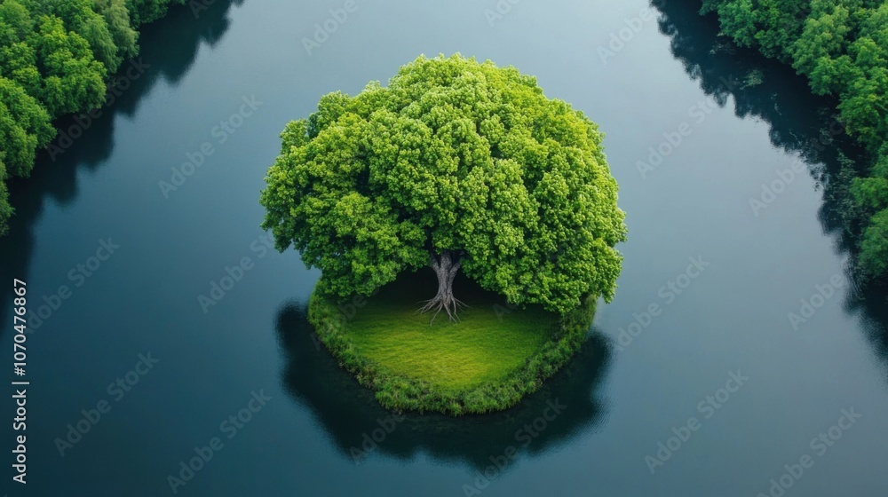 Vibrant Tree Island in Calm Waters Vibrant Tree Island in Calm Waters