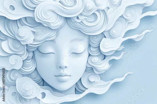 an ethereal depiction of a woman’s face with closed eyes and flowing hair in soft blue tones creating a serene and dreamlike atmosphere 