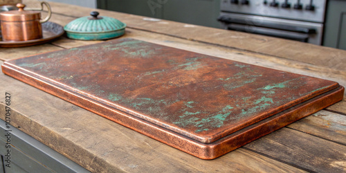 A stained copper metal surface texture, creating a rustic and weathered appearance, ideal for vintage and industrial designs. photo