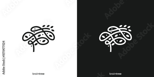 Creative Mental Health Logo. Brain Human Mind with Leaf Tree Nature with Linear Outline Style. Therapy Psychology Logo Icon Symbol Vector Design Inspiration.