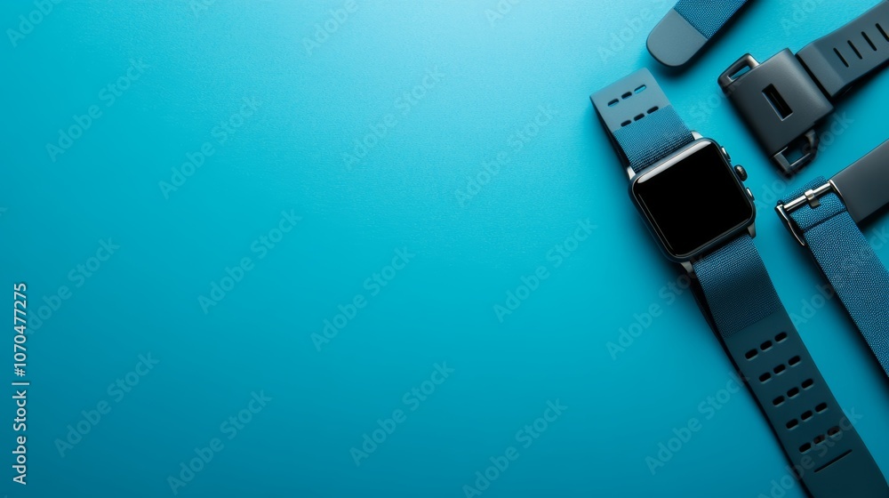 A smartwatch and multiple blue watch straps lie flat on a blue background. A smartwatch and multiple blue watch straps lie flat on a blue background.
