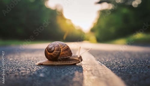 A snail moving across road, symbolizing patience, persistence, and gradual progress photo