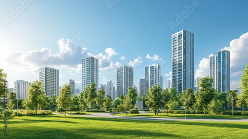 A sprawling cityscape with modern high-rise buildings in the background, a lush green park in the foreground with a path winding through the trees and a blue sky with white clouds overhead.