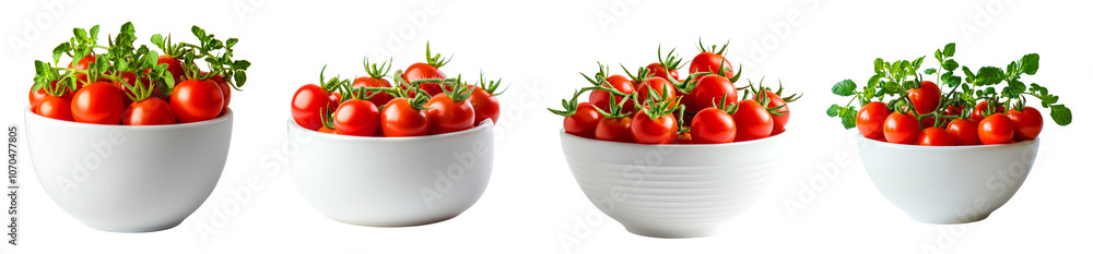 Fresh cherry tomatoes in white bowls, showcasing vibrant colors and lush greenery, perfect for healthy meals and salads Fresh cherry tomatoes in white bowls, showcasing vibrant colors and lush greenery, perfect for healthy meals and salads