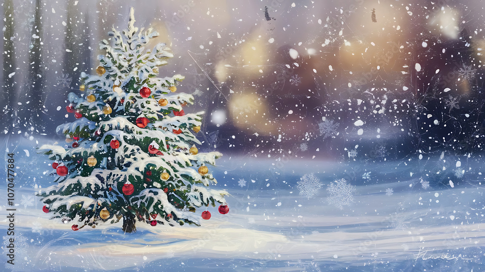 custom made wallpaper toronto digitalChristmas tree with snow outside house, snowfall,Christmas tree copy space background