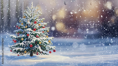 Wallpaper Mural Christmas tree with snow outside house, snowfall,Christmas tree copy space background Torontodigital.ca