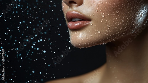 A woman's shoulder with water droplets, a skin care concept.