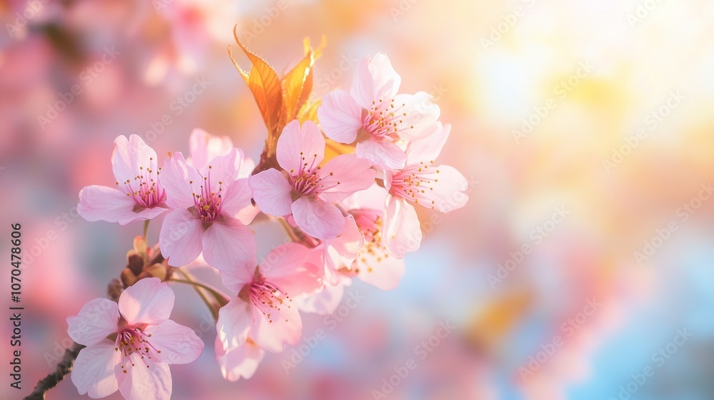 A close-up of pink cherry blossoms illuminated by soft sunlight. A close-up of pink cherry blossoms illuminated by soft sunlight.