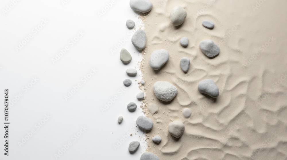 A minimalist background portraying entropy using stones and sand - on one side, smooth, evenly spaced stones; on the other, scattered and irregular. A minimalist background portraying entropy using stones and sand - on one side, smooth, evenly spaced stones; on the other, scattered and irregular.