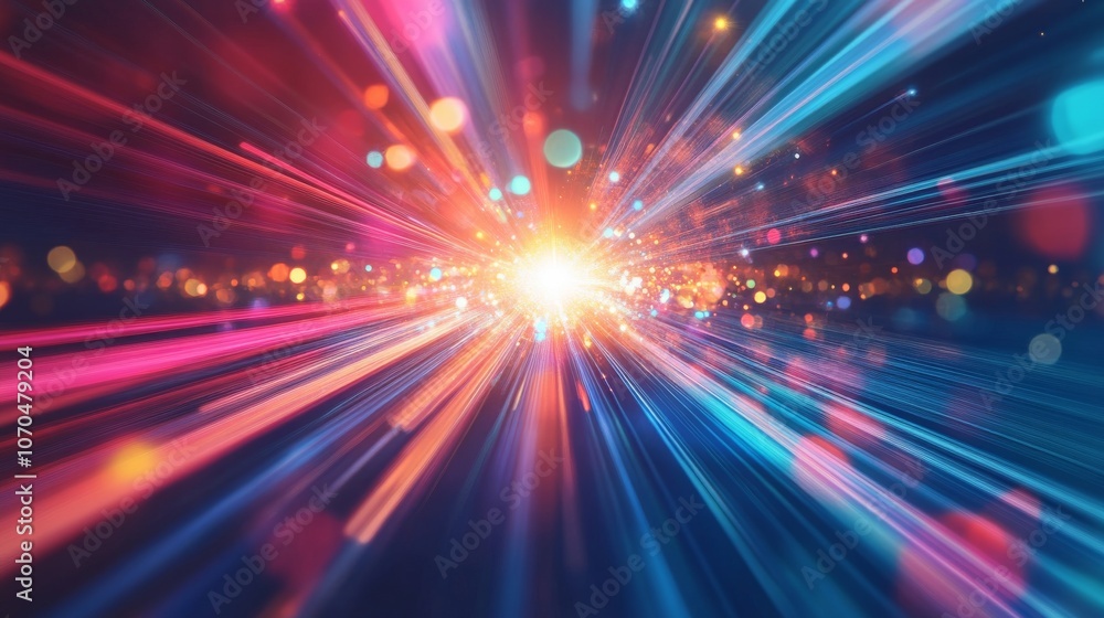 Colorful light trails converging into a bright center with bokeh effect Colorful light trails converging into a bright center with bokeh effect