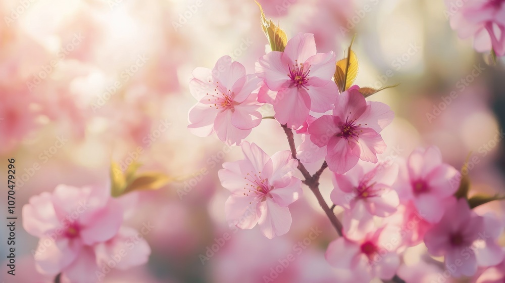 A close-up of pink cherry blossoms illuminated by soft sunlight. A close-up of pink cherry blossoms illuminated by soft sunlight.