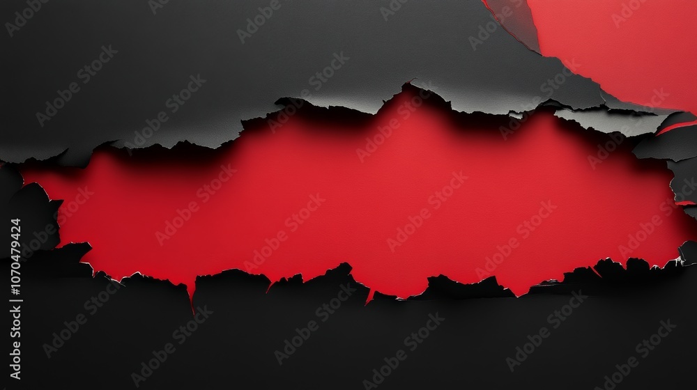 Fototapeta premium Black torn paper revealing red background with copy space
