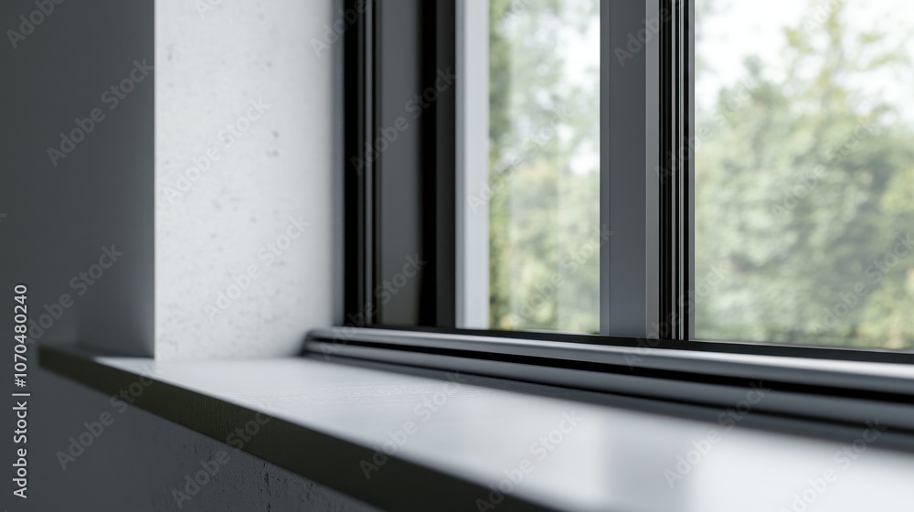 A modern window sill with a view of greenery outside. A modern window sill with a view of greenery outside.