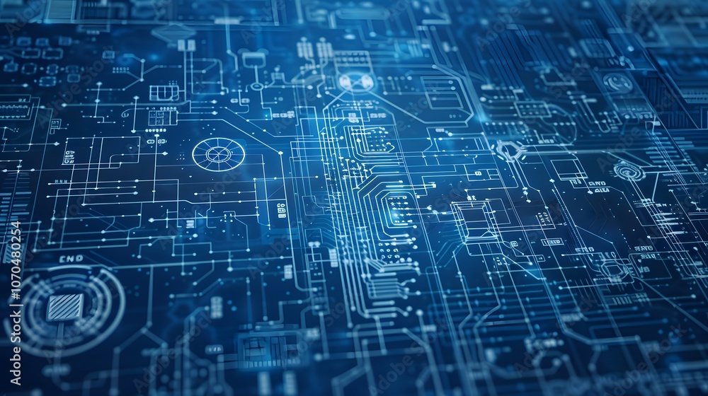 The image is a close-up of a computer chip, showing the intricate network of lines and dots that make up its circuitry. The blue color of the chip contrasts with the white background The image is a close-up of a computer chip, showing the intricate network of lines and dots that make up its circuitry. The blue color of the chip contrasts with the white background