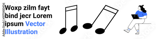 Music notes, text in black and blue, seated woman with laptop. Ideal for music education, online learning, casual design, educational tools, technology integration, user engagement, websites. Landing